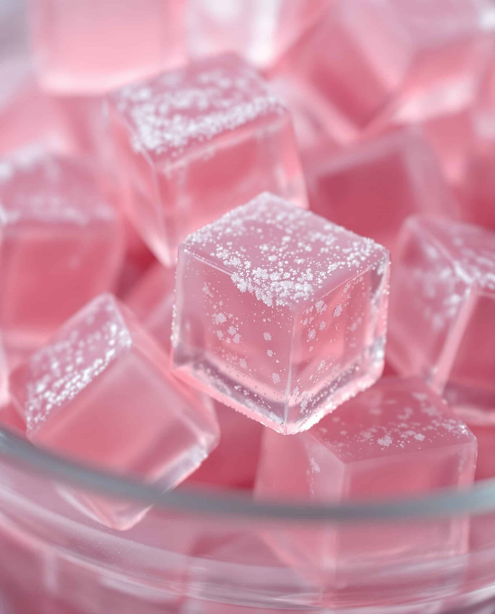 Close-up of rose-vert gelatin trick with psyllium husk cubes.