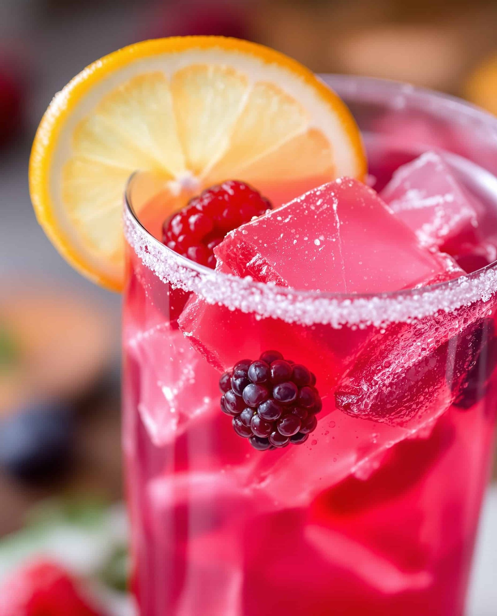 Close-up of jiggly reddish-orange gelatin drink with berry garnish for weight loss.