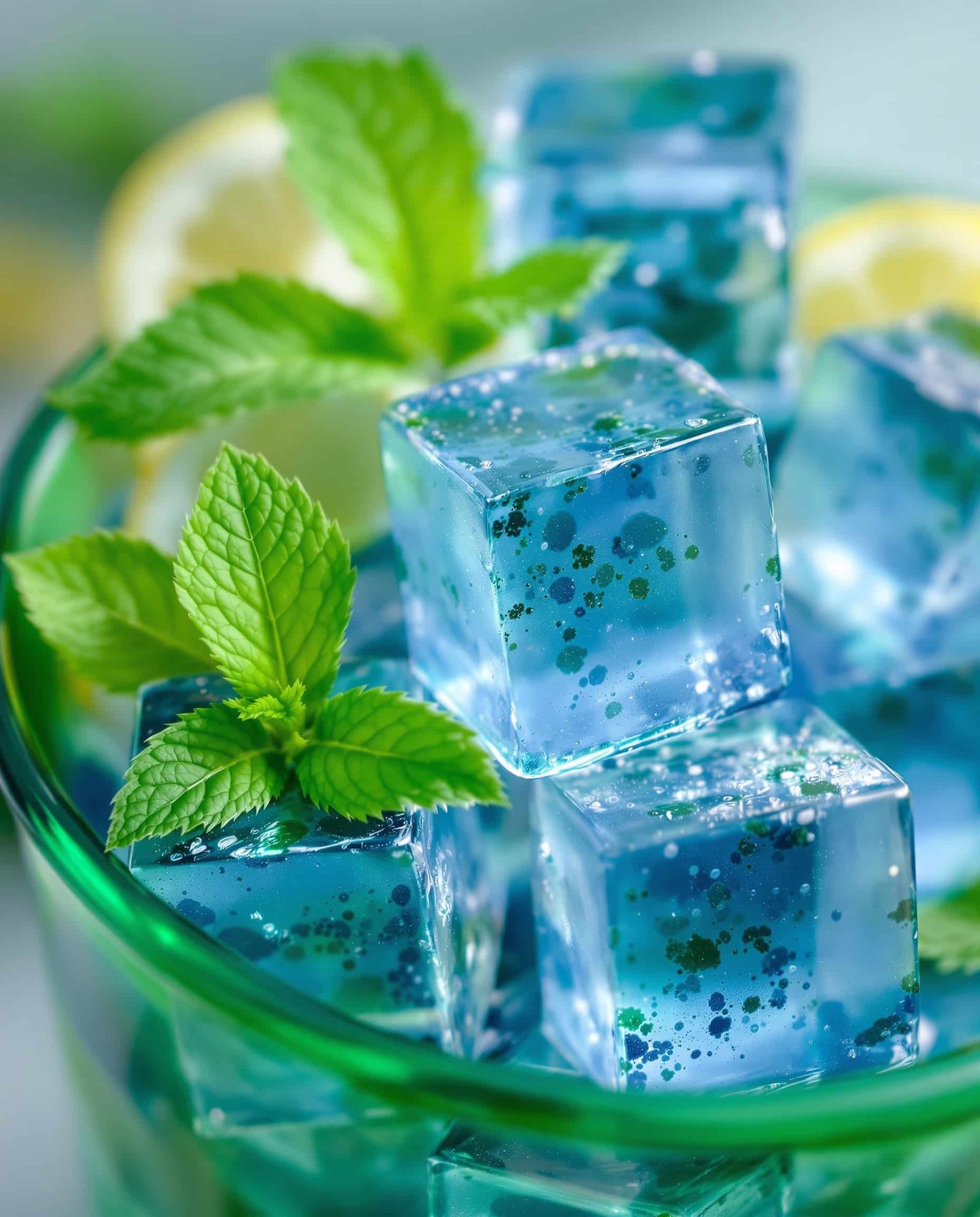 Close-up of jiggly vert-transparent spirulina powder gelatin cubes, a key part of the gelatin trick.