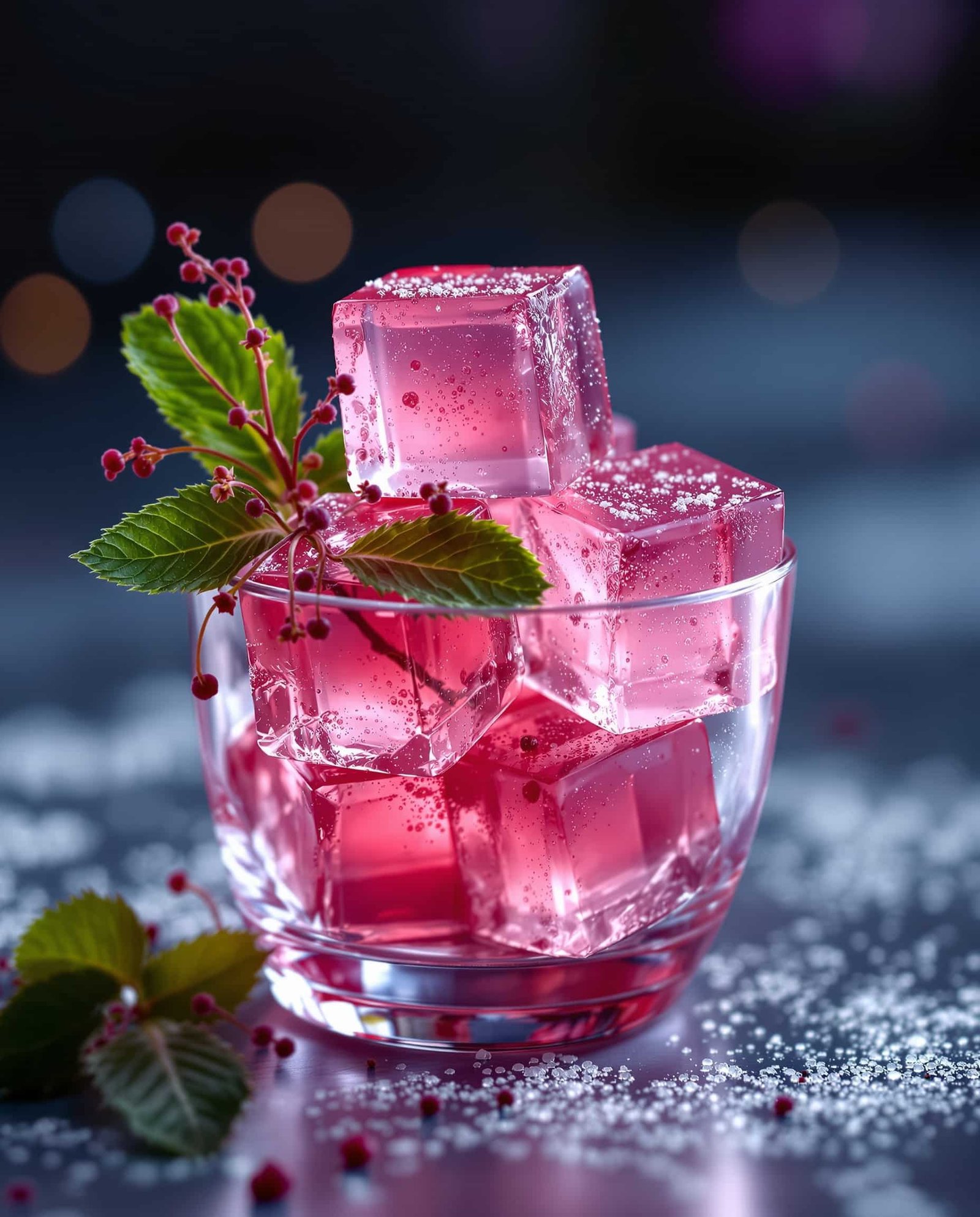 Close-up of rouge-rose tart cherry gelatin cubes.