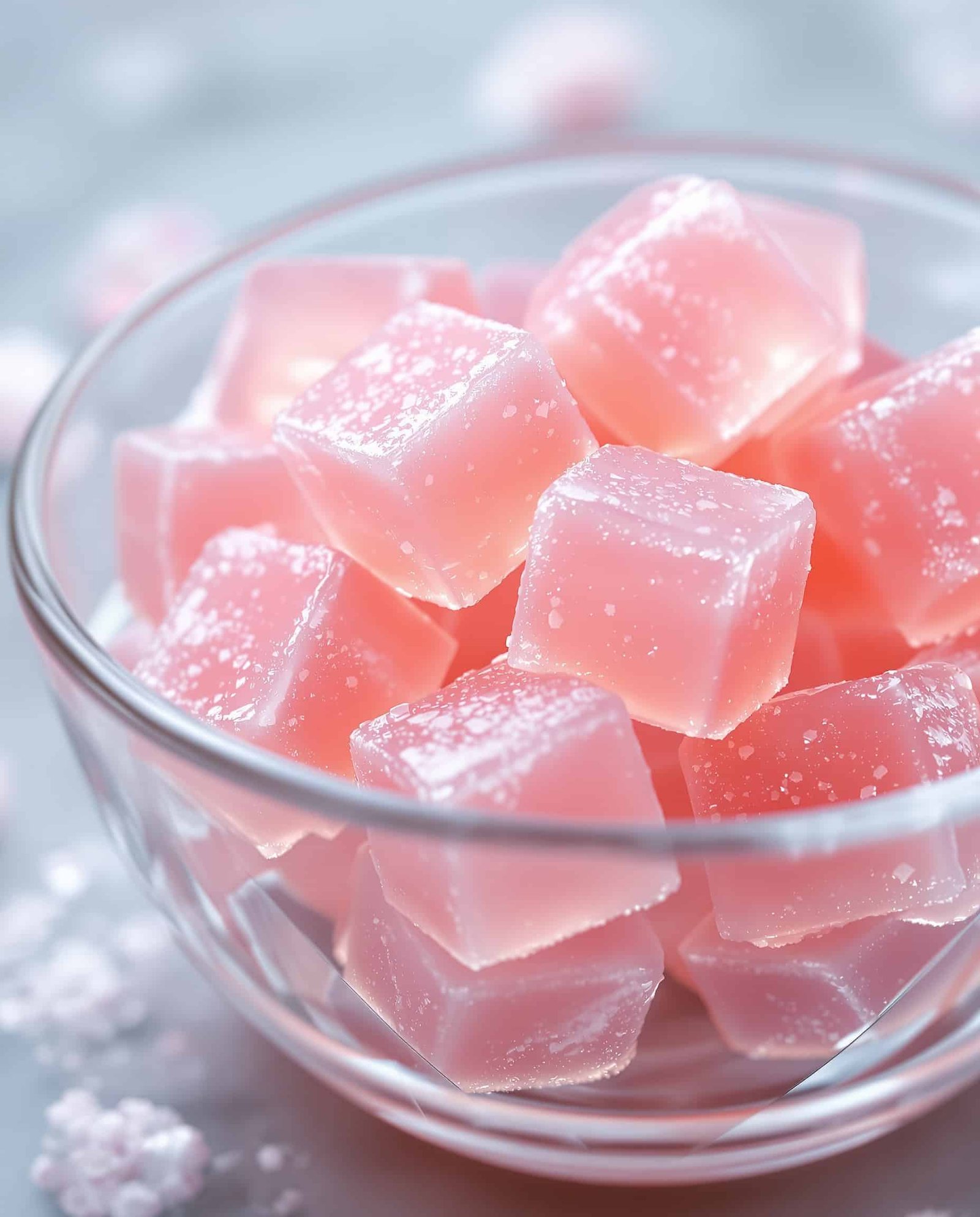 Close-up of jiggly blanc-rose whey scoop gelatin cubes.