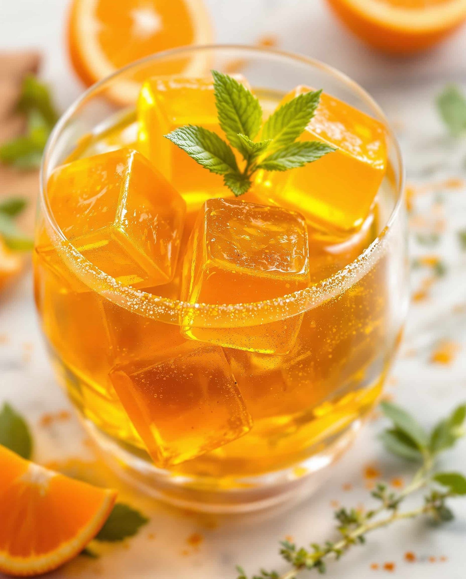 Close-up of vibrant orange-doré turmeric gelatin, highlighting its jiggly texture.