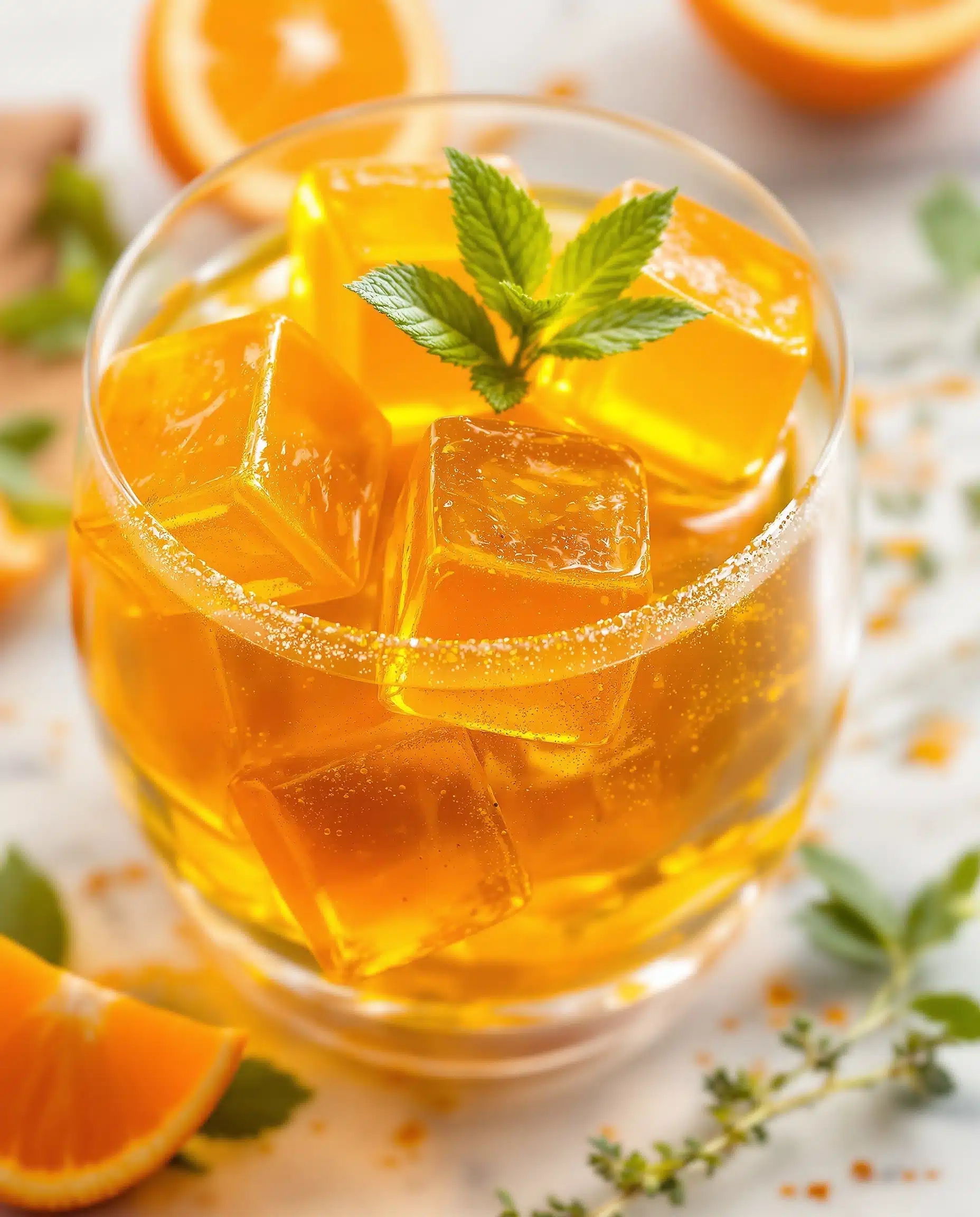 Close-up of vibrant orange-doré turmeric gelatin, highlighting its jiggly texture.