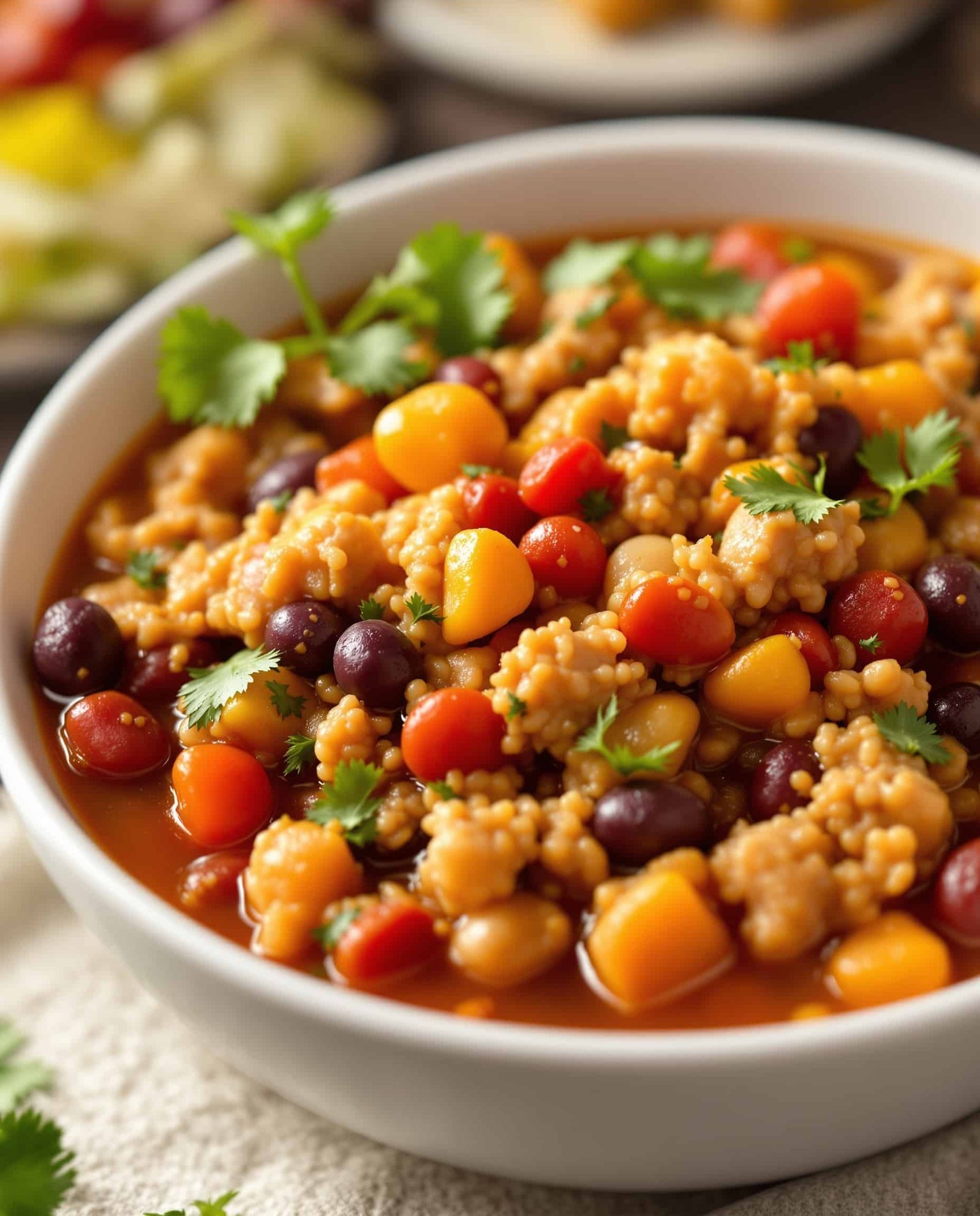 Close-up of multicolore GLP-1 friendly ground turkey and bean stew.