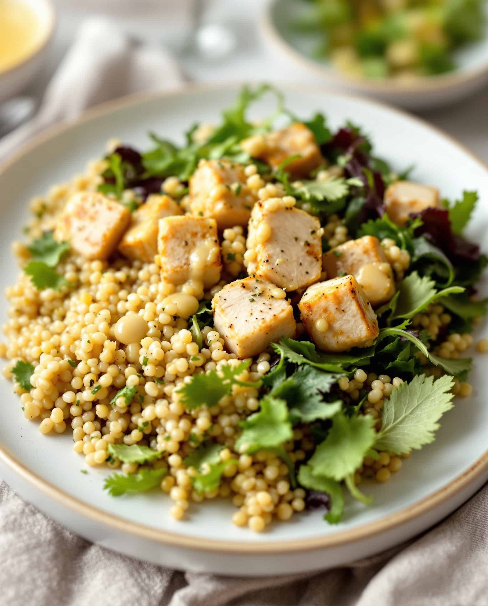 Close-up of beige-doré GLP1 friendly meal recipe, high protein quinoa bowl.