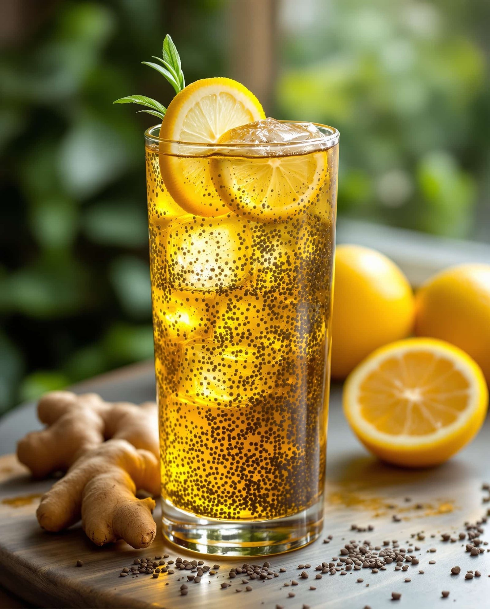 Close-up of vert-ambre chia lemon ginger drink with ice, for weight loss.