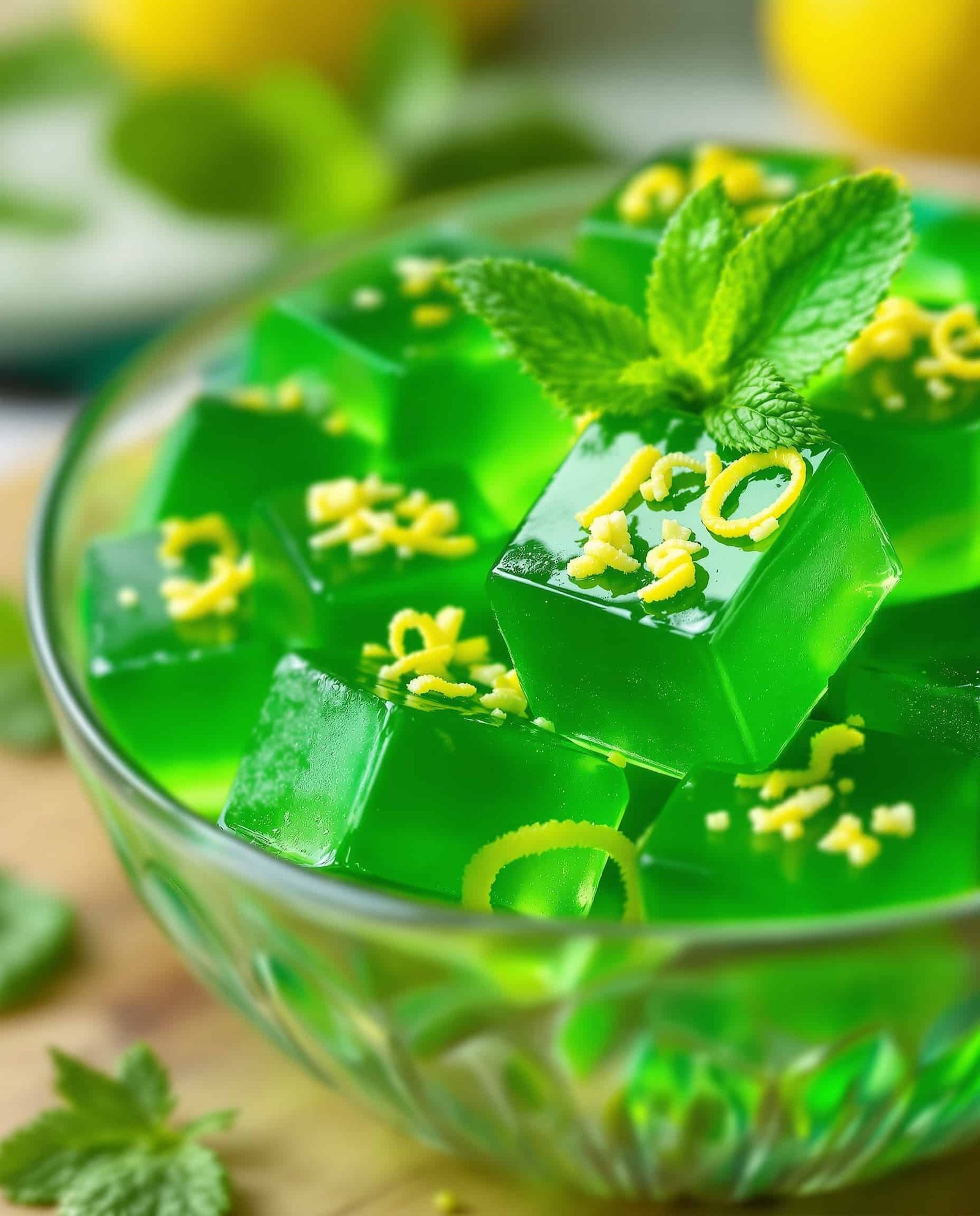 Close-up of jiggly green tea gelatin cubes with lemon and mint.