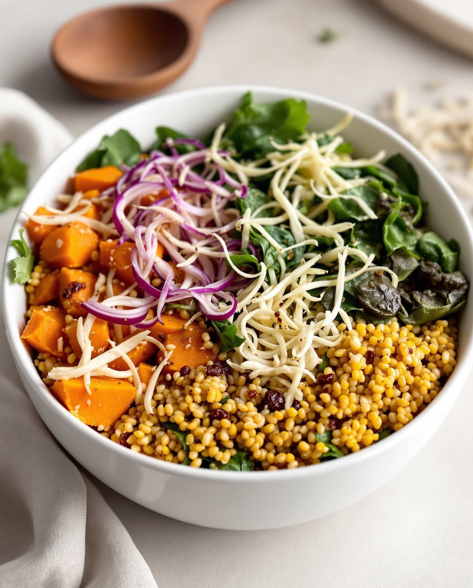 Close-up of multicolore gut healing recipe power bowl.