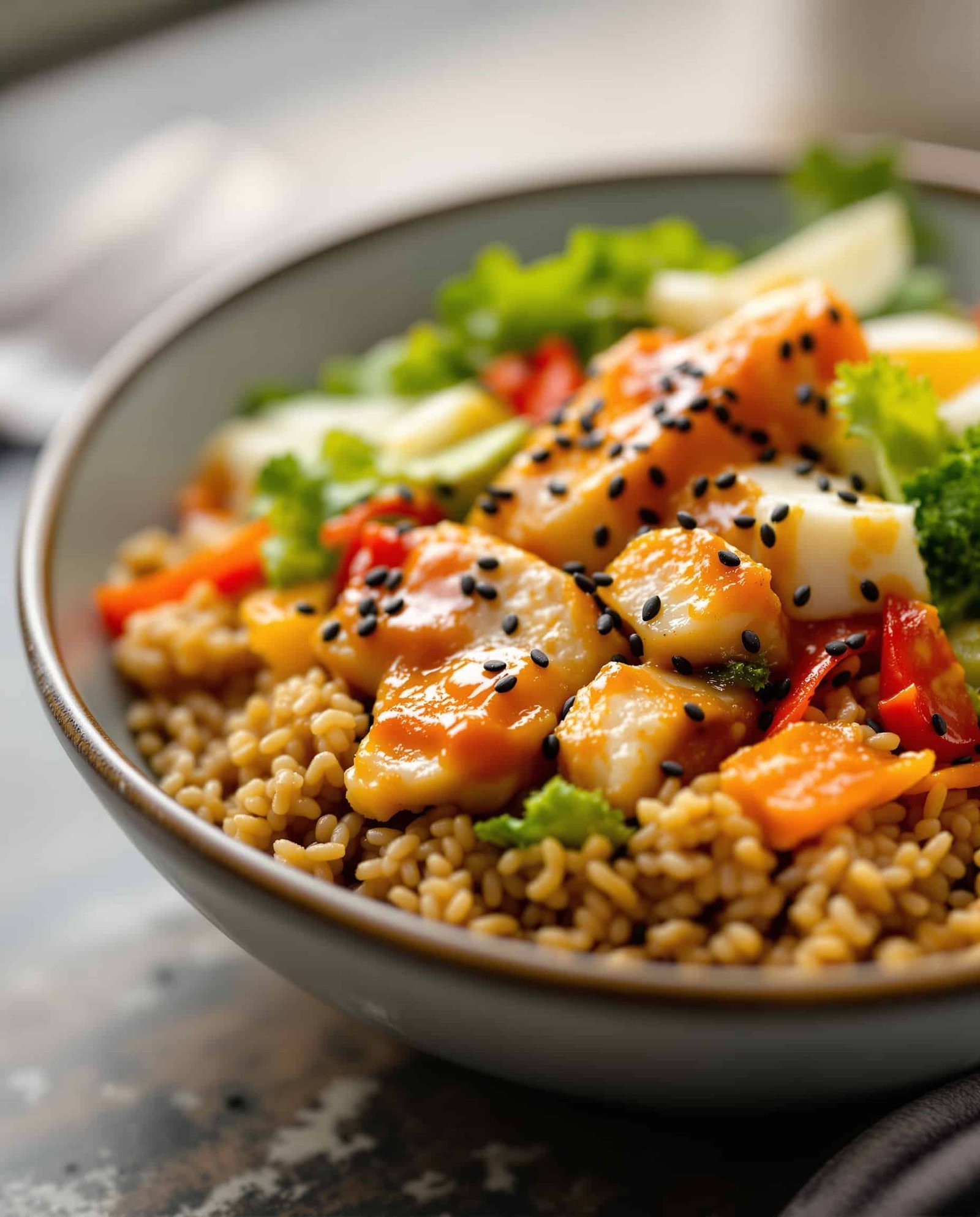 Close-up of a balanced Hara Hachi Bu meal with petite-colored dressing.