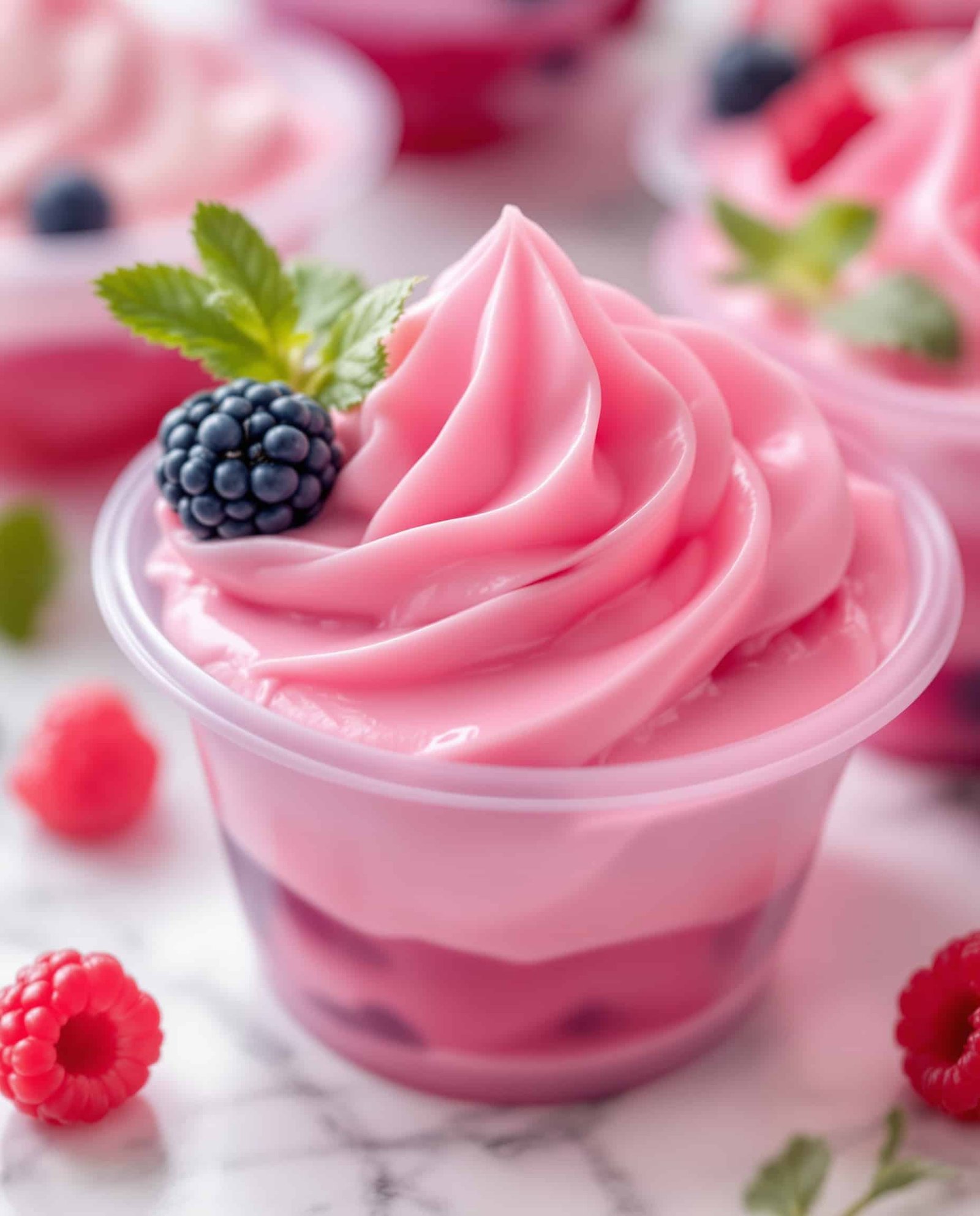 Close-up of jiggly pink High Protein Jello Cup Greek Yogurt with berry garnish.