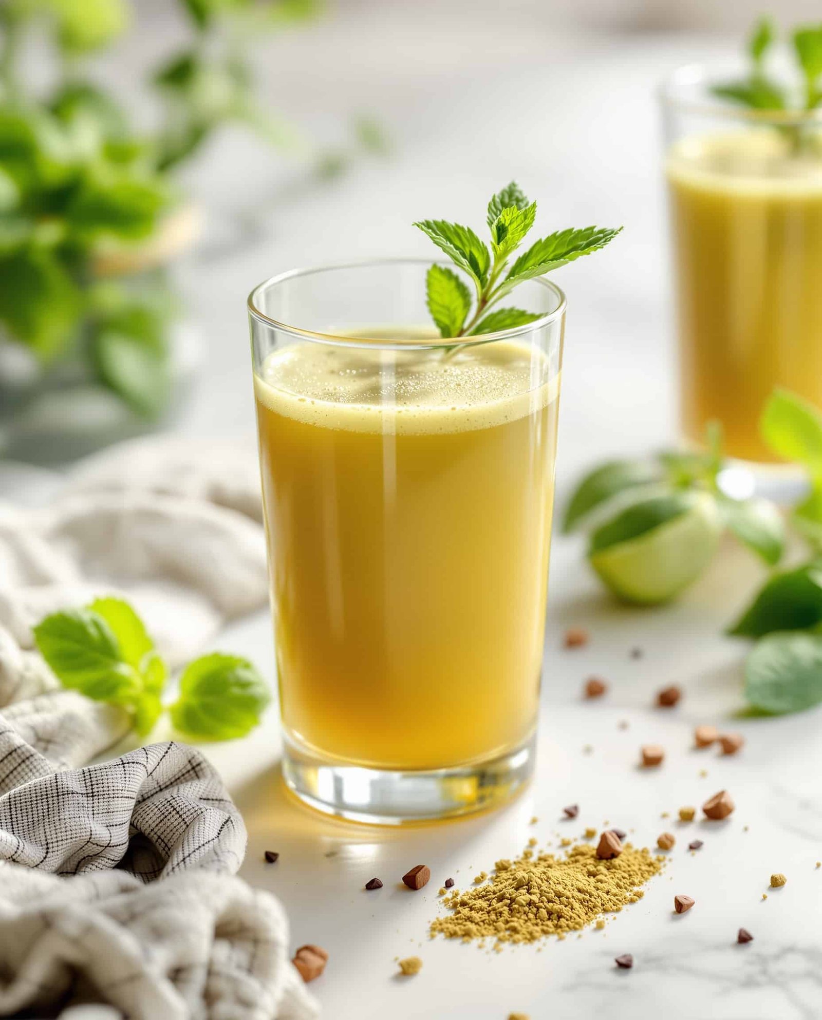 Close-up of ambre-vert cortisol belly fat drink recipe.