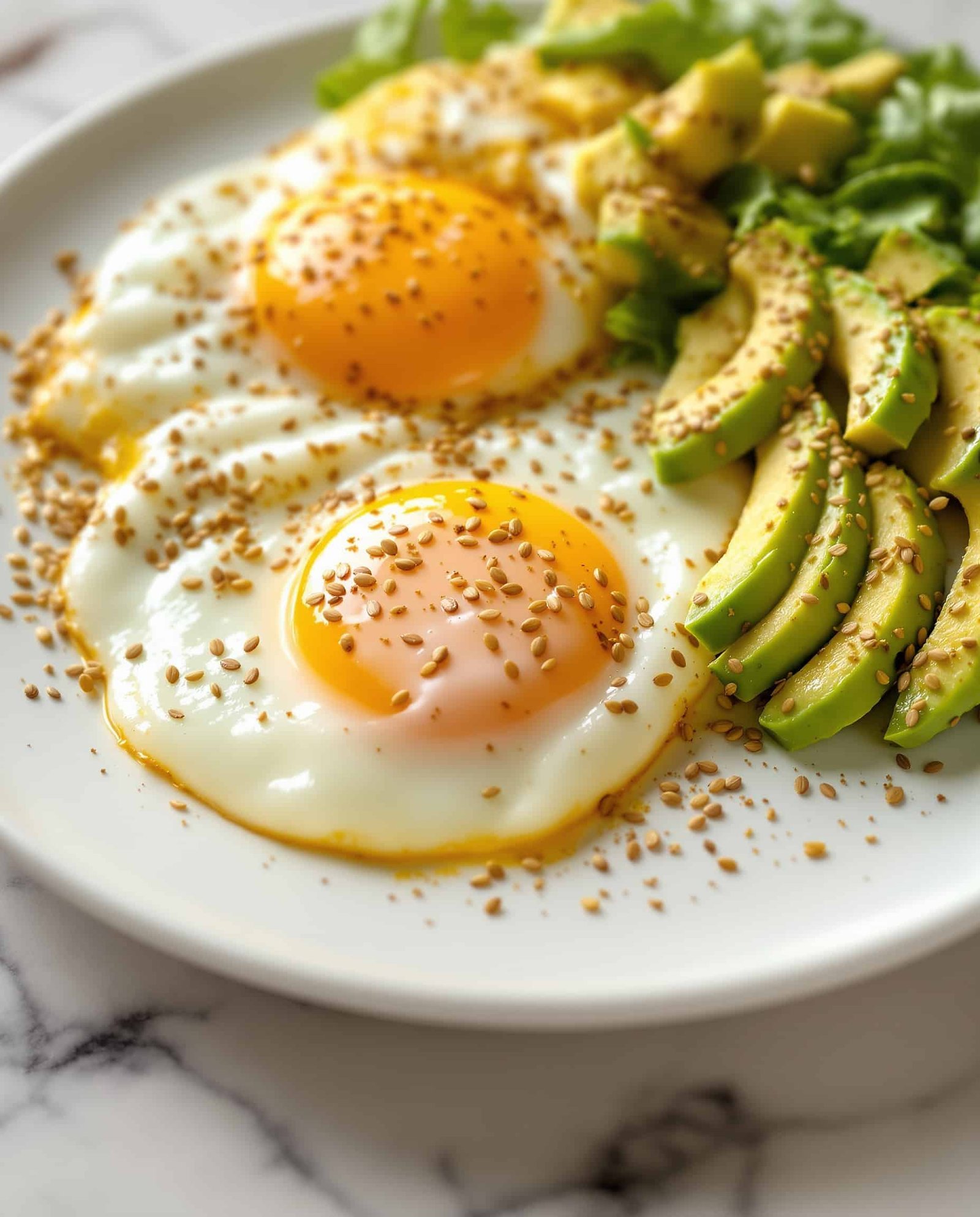 Close-up of beige-doré eggs, avocado, and flaxseed for hormone balancing breakfast.
