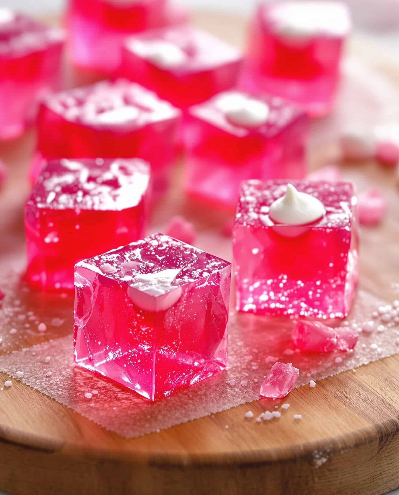 Close-up of jiggly rouge-rose jello cubes for the viral jello hack weight loss recipe.