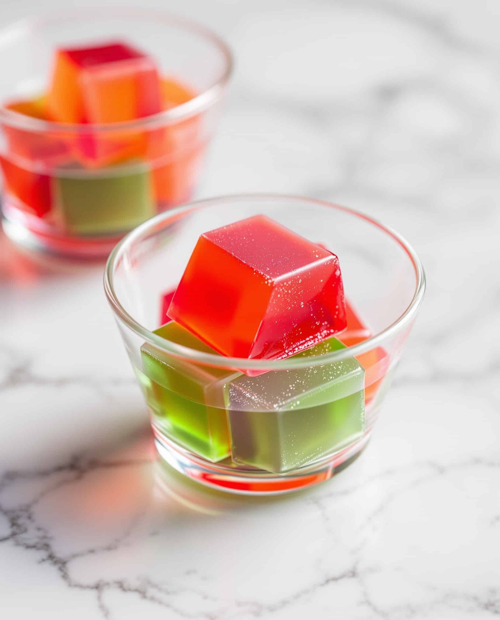 Close-up of firm, colorful Jello weight loss recipe cubes.
