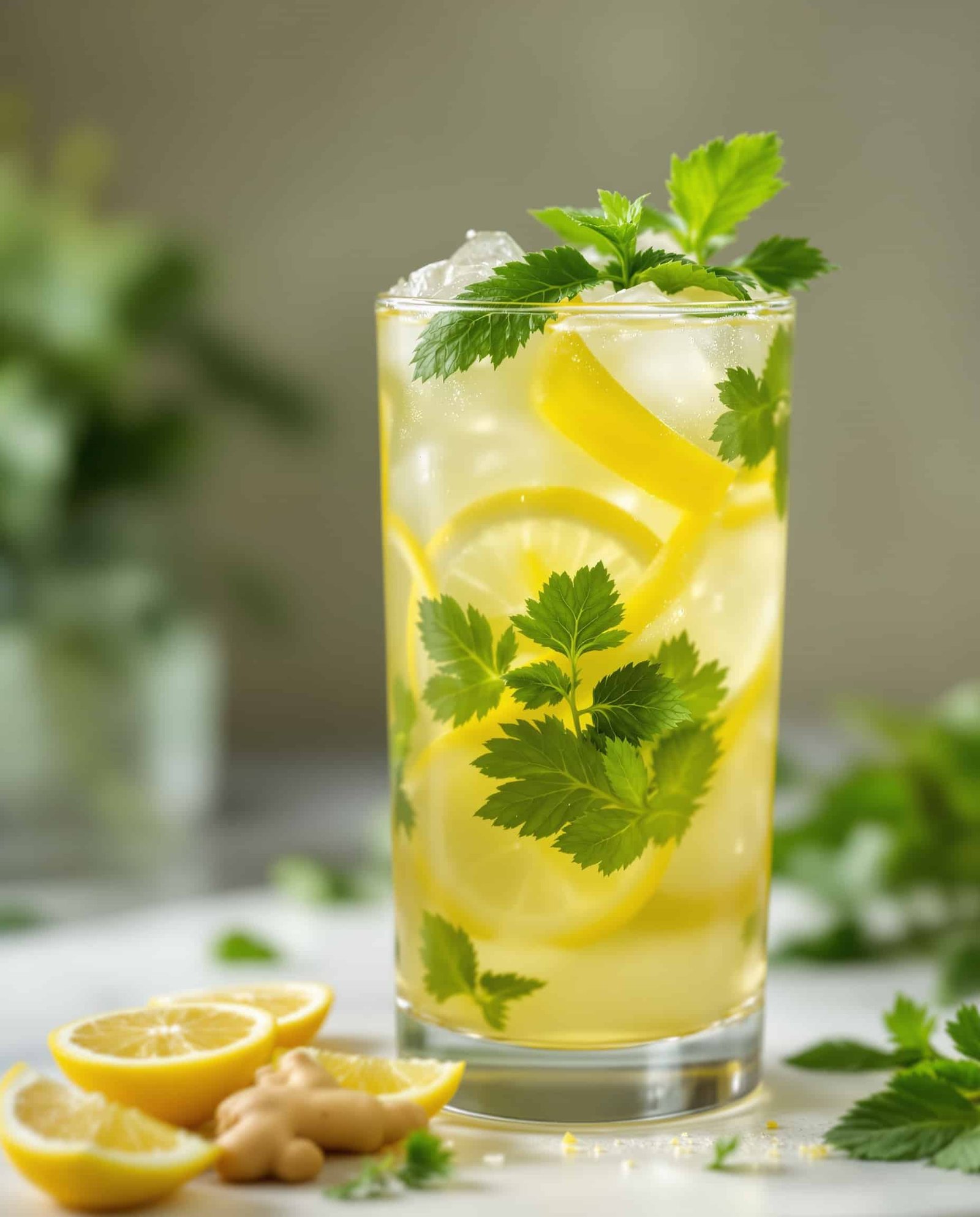 Close-up of ambre-vert Jillian Michaels detox drink with fresh herbs.