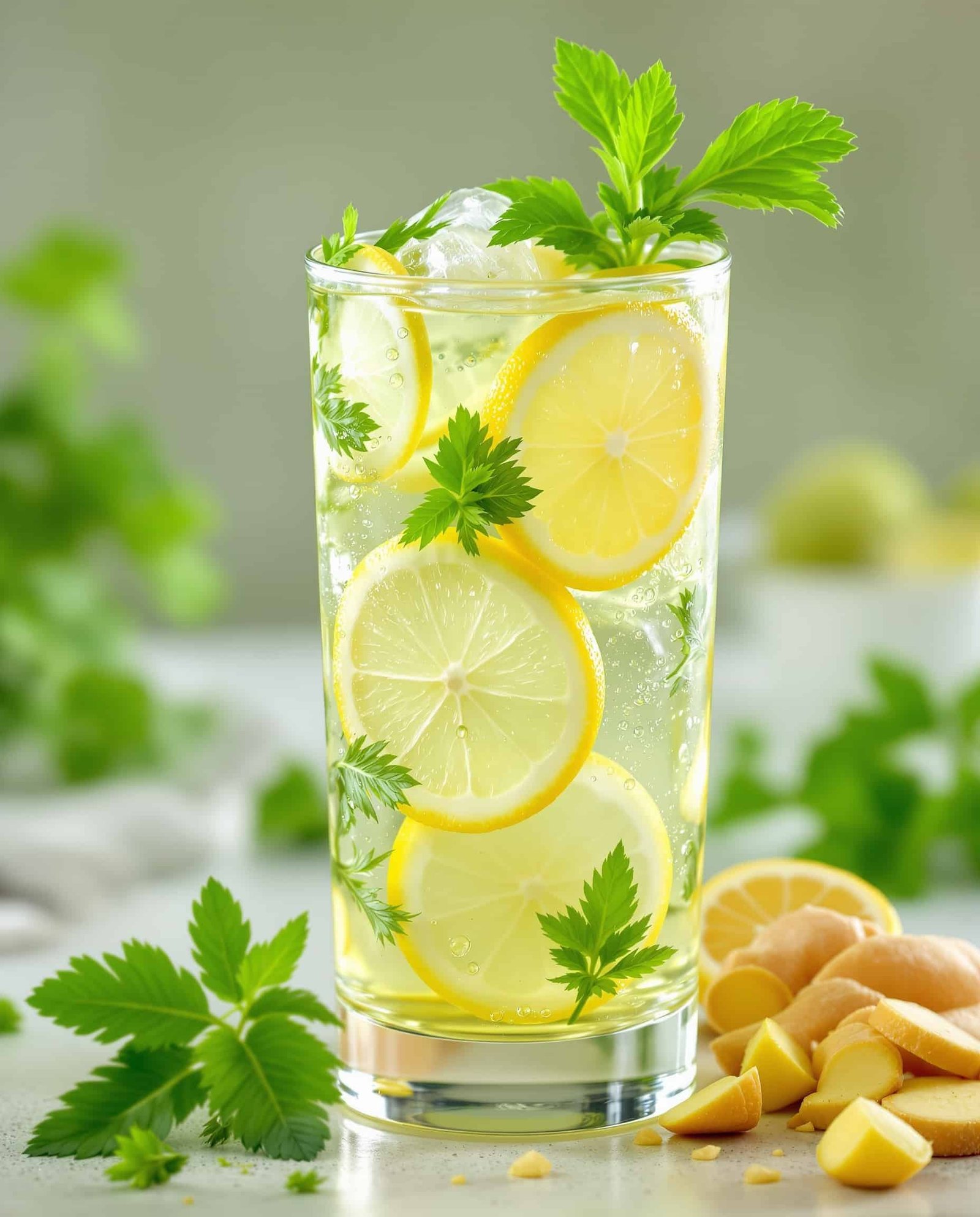 Close-up of ambre-vert Jillian Michaels detox drink with lemon, ginger, and herbs.