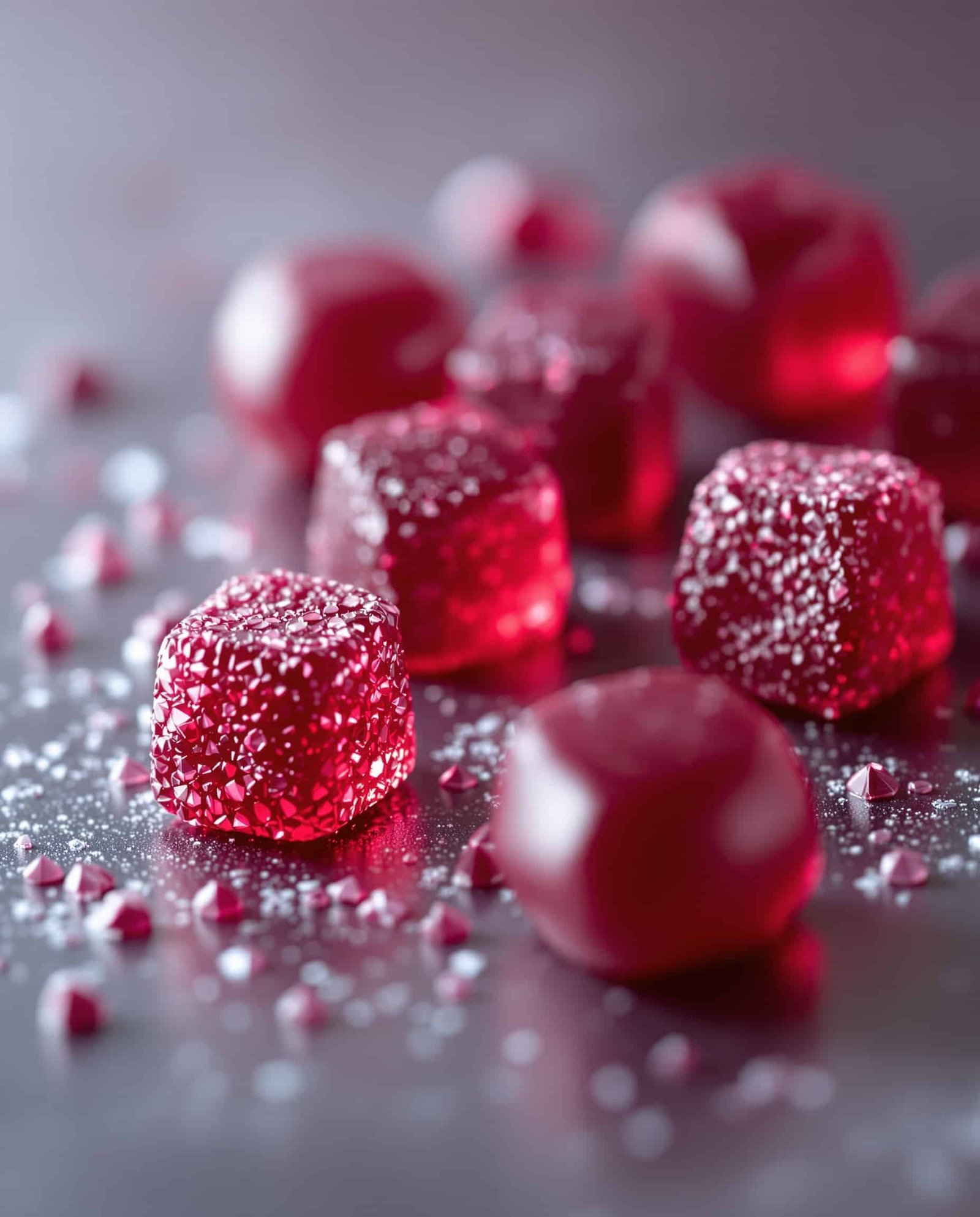 Close-up of Jillian Michaels gelatin gummies, firm red-bordeaux texture
