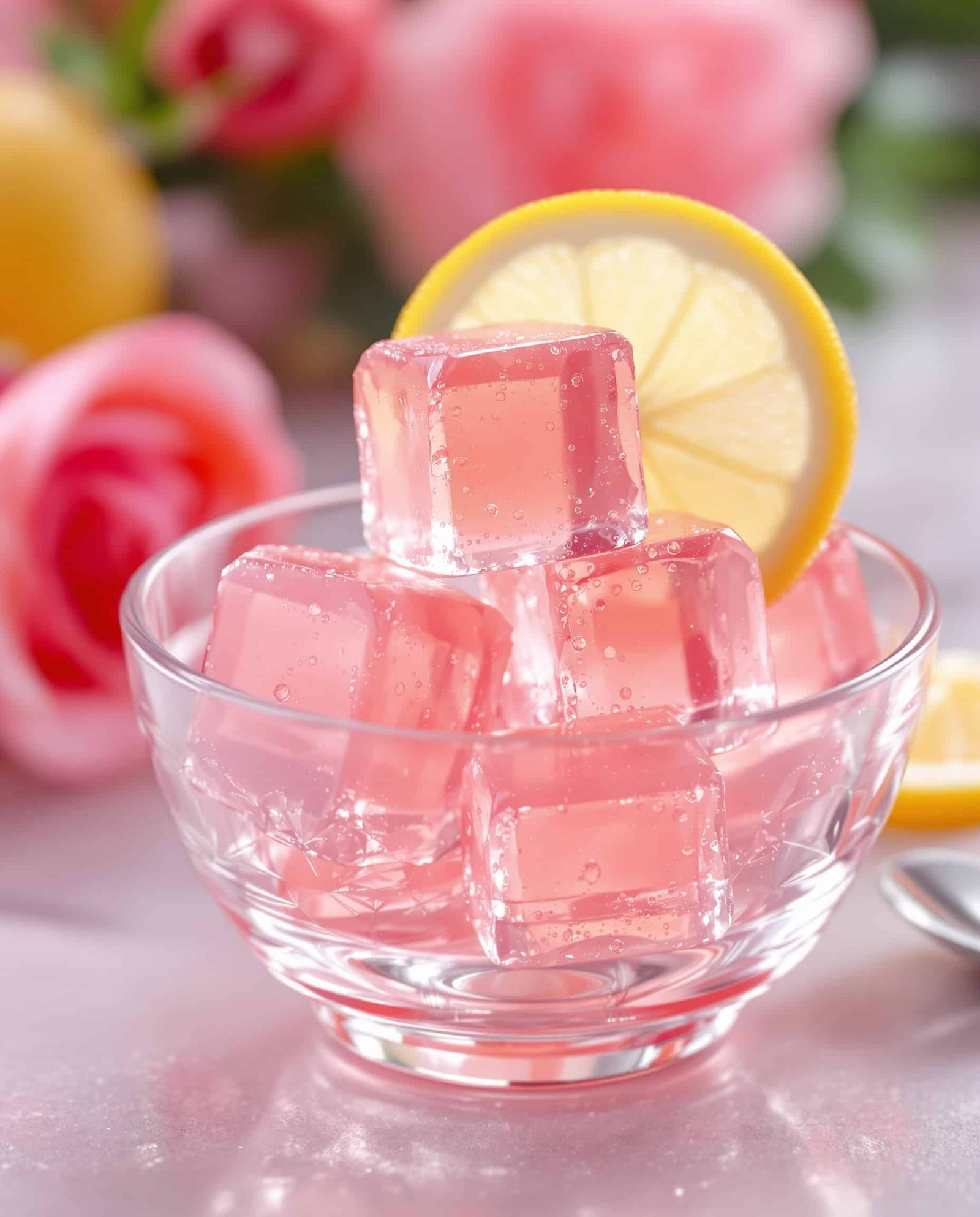 Close-up of rose clair gelatin cubes, Jillian Michaels gelatin trick