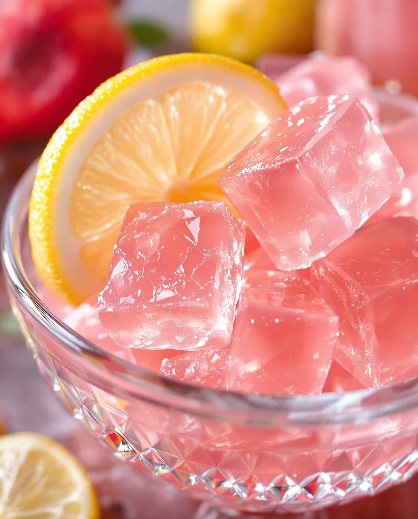 Close-up of pink gelatin cubes, Jillian Michaels gelatin trick snack