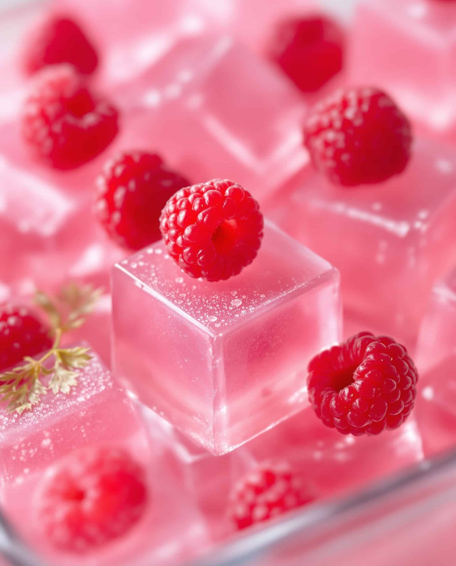 Close-up of jiggly pale pink raspberry gelatin cubes.