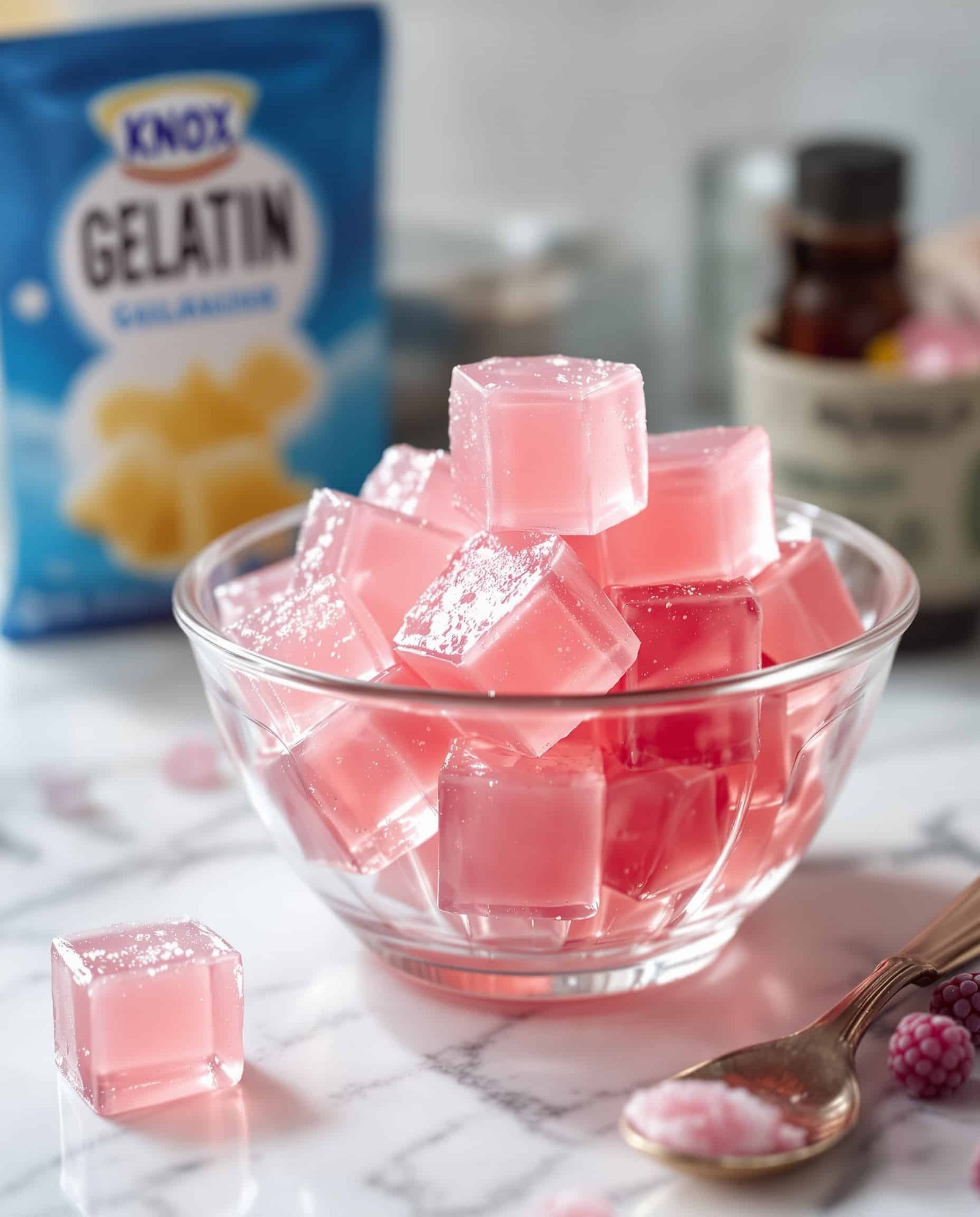 Close-up of rose-transparent Knox gelatin weight loss recipe cubes.