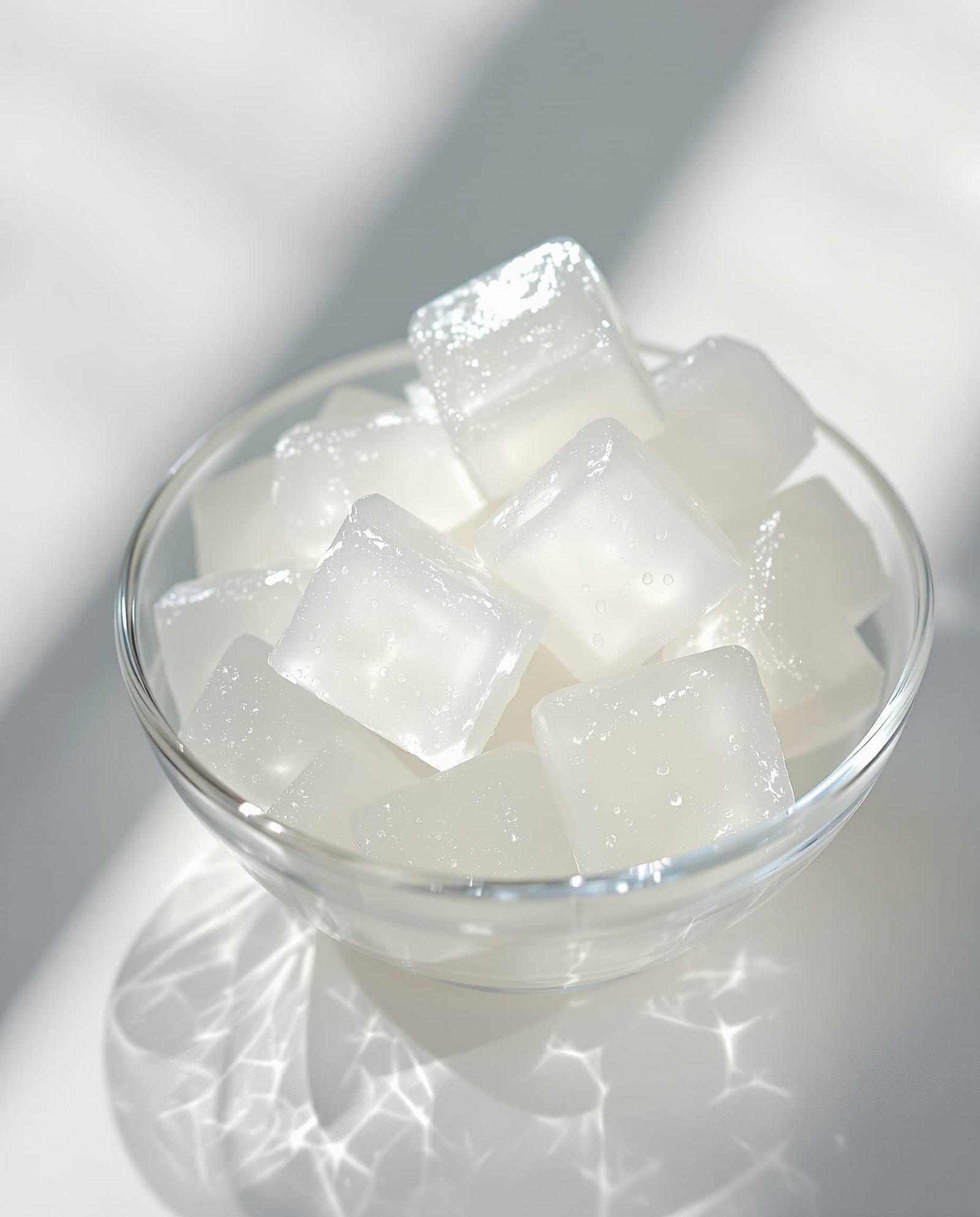Close-up of jiggly transparent-blanc Korean agar agar cubes for weight loss.