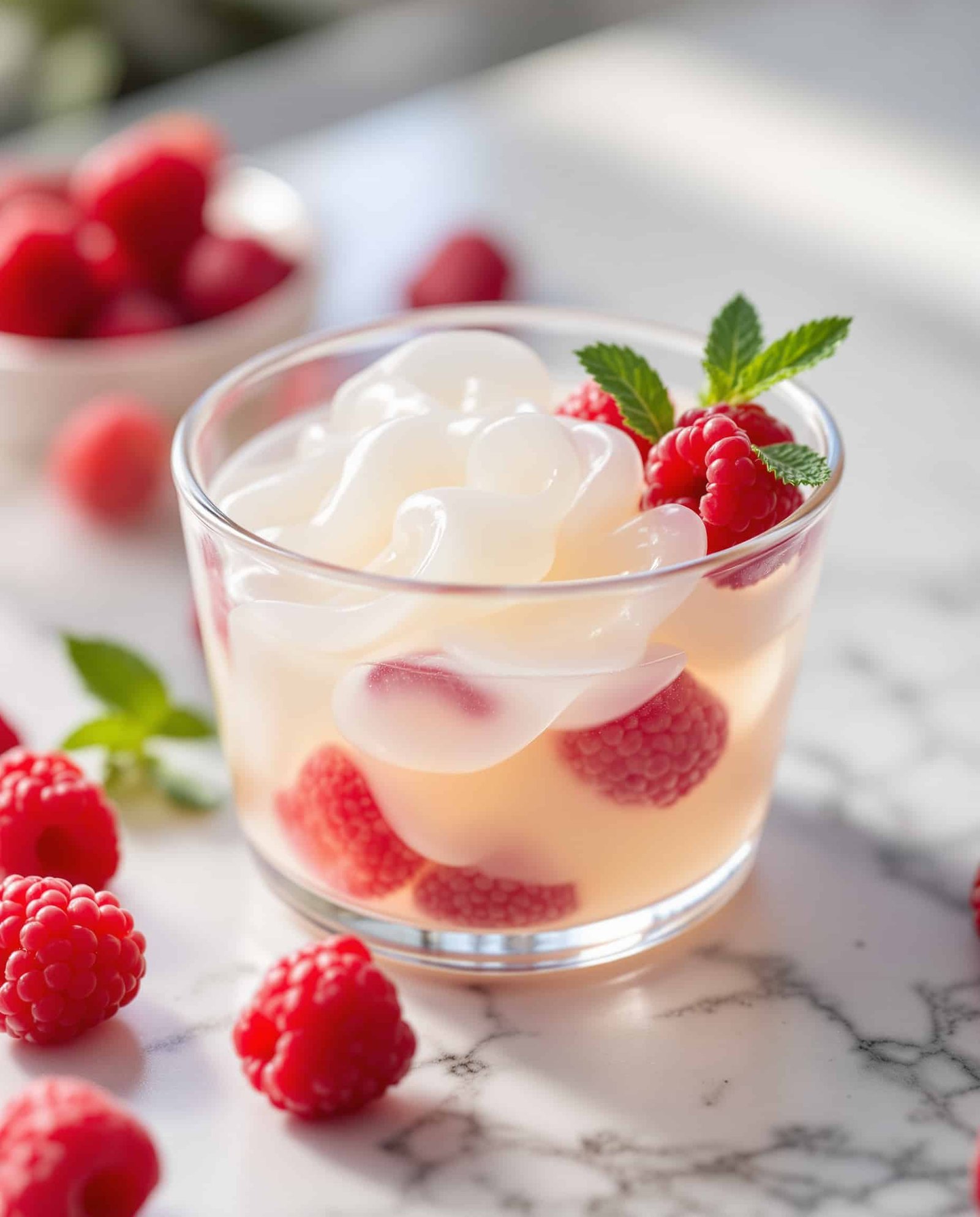 Close-up of creamy Korean collagen gelatin with raspberries.