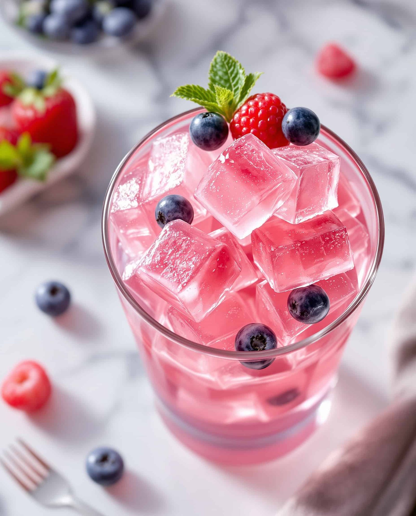 Close-up of rose-transparent Korean jello with fresh berry garnish.