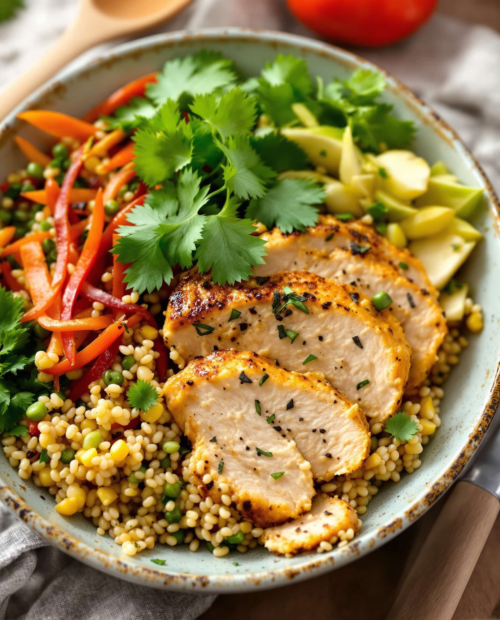 Close-up of multicolore Mounjaro recipe chicken and quinoa bowl.