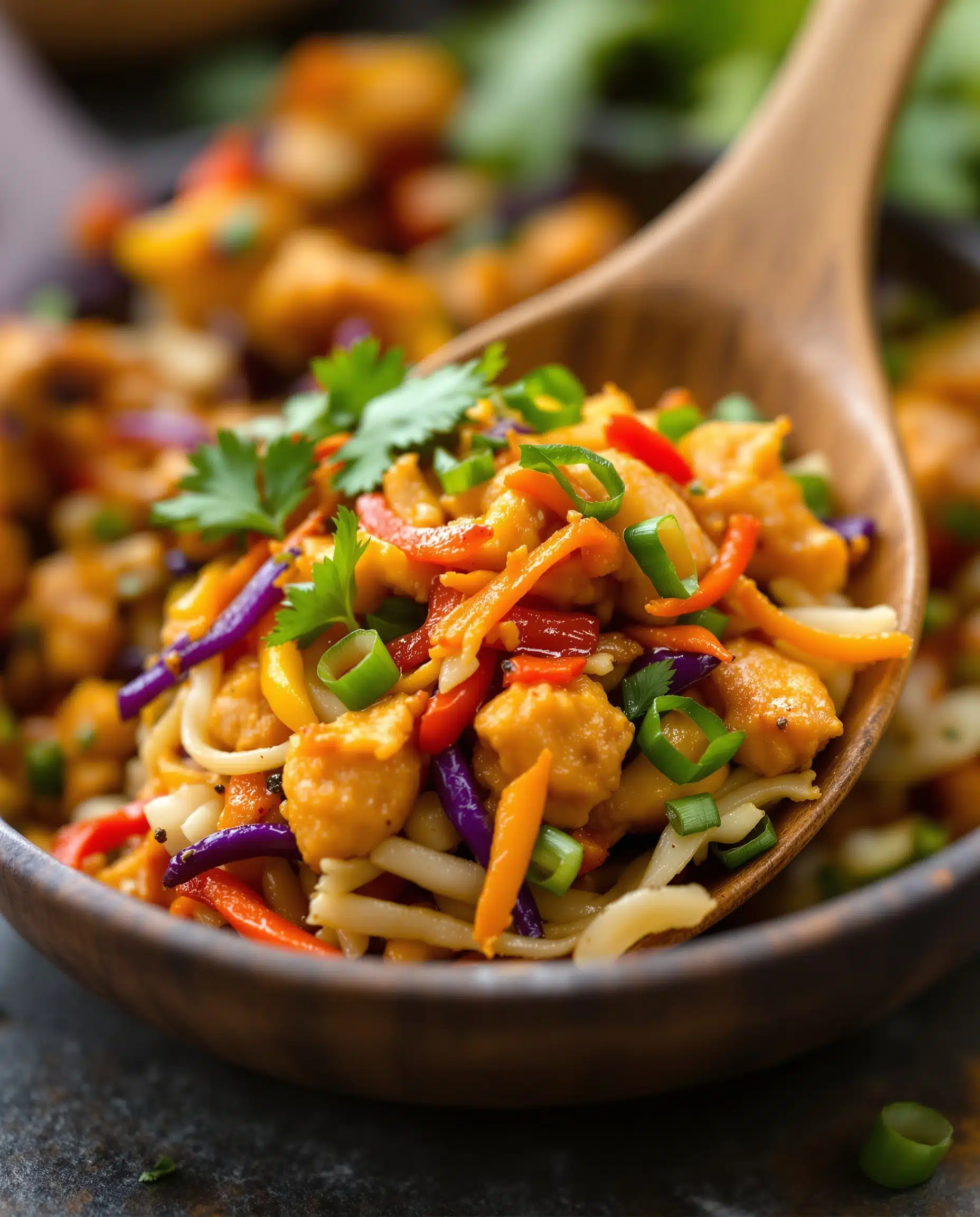 Close-up of multicolore Mounjaro recipe chicken stir-fry.