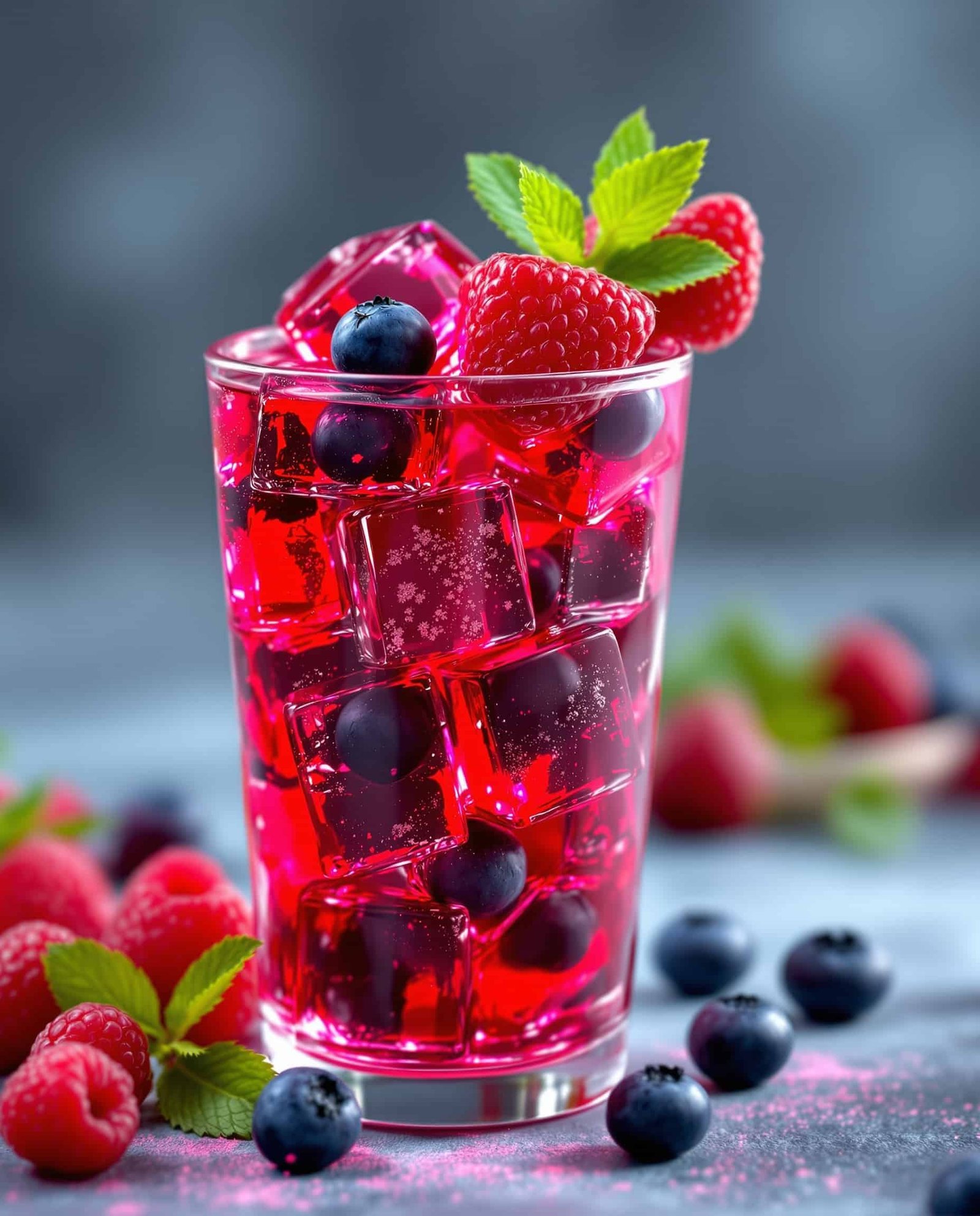 Close-up of red natural tirzepatide recipe gelatin cubes, berries, mint
