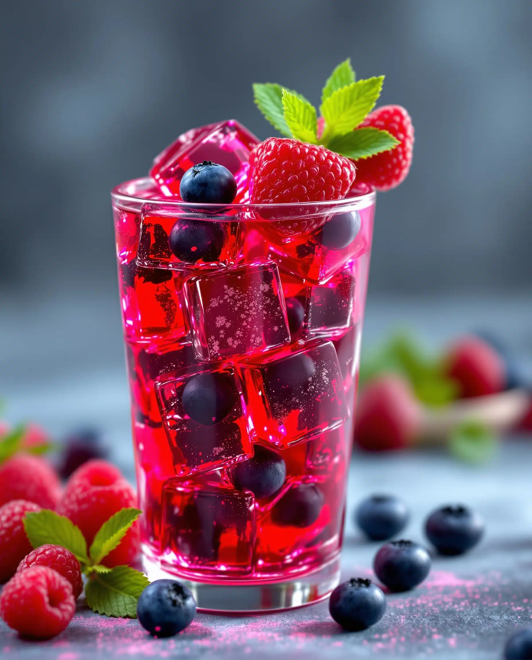 Close-up of red natural tirzepatide recipe gelatin cubes, berries, mint