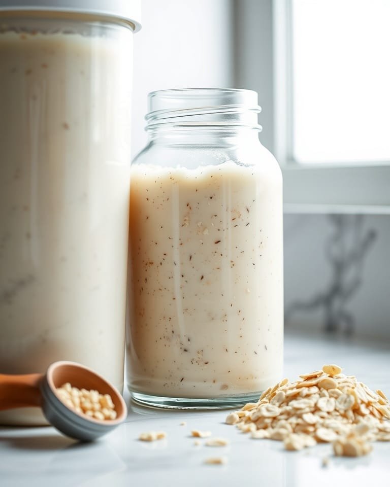 Close-up of blanc crème overnight oats protein in shaker bottle.