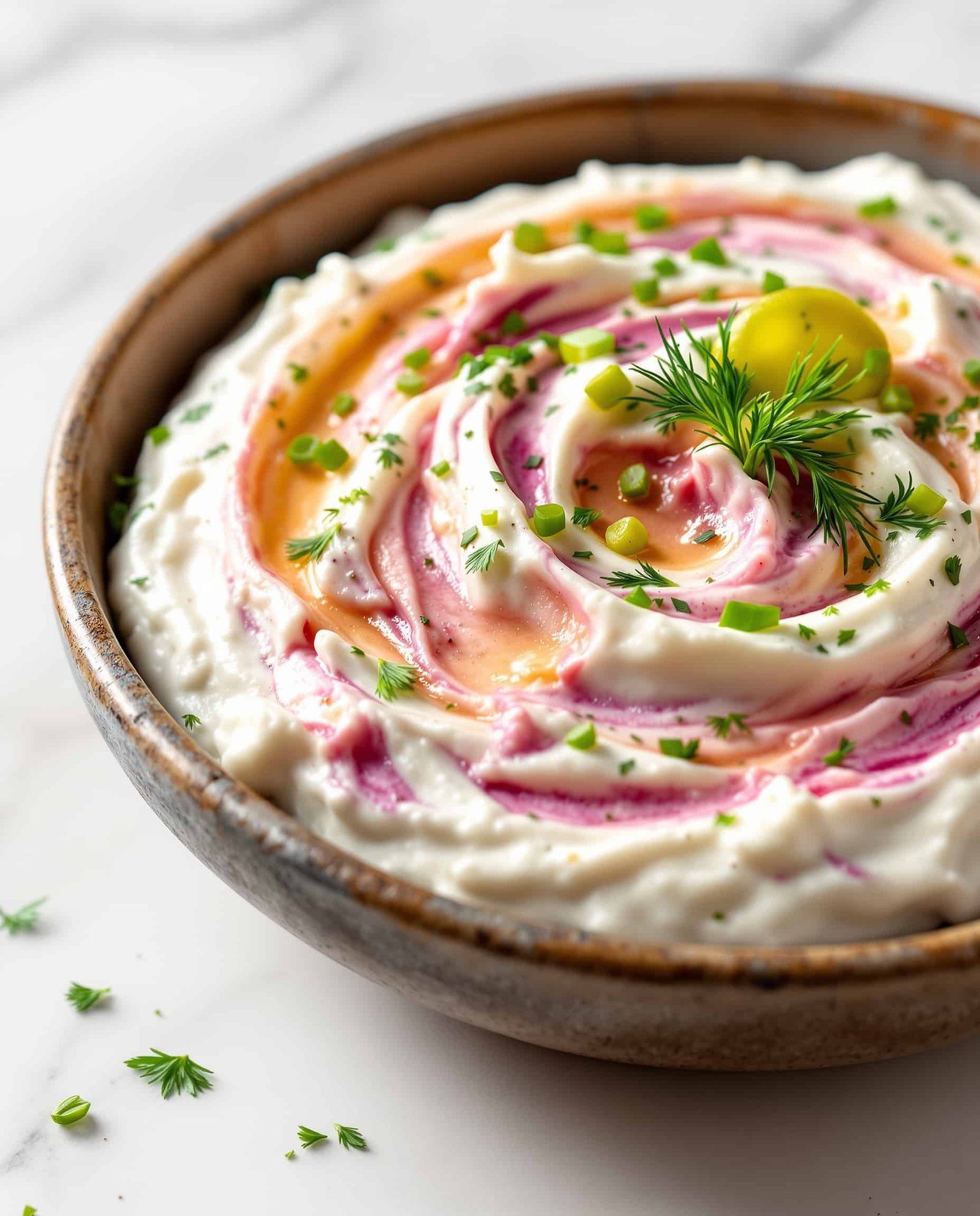Close-up of multicolore pickle dip cream cheese yogurt with herbs.