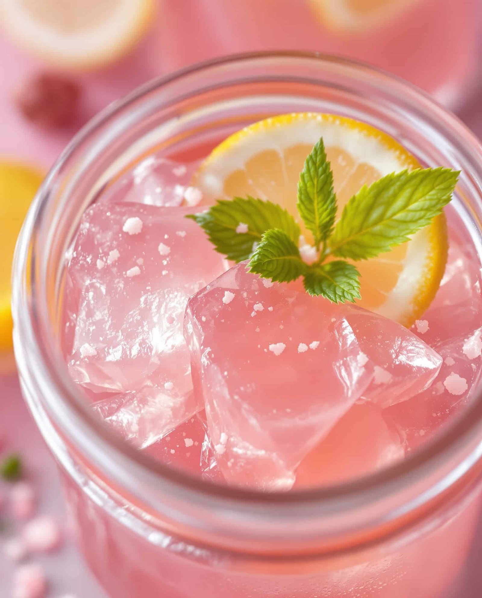 Close-up of jiggly rose-colored pink salt gelatin in a jar.