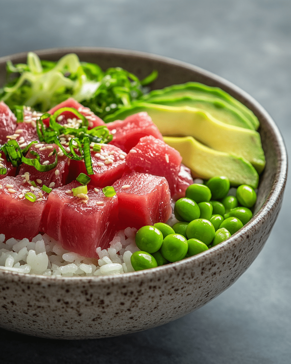 Close-up of tuna and avocado in poke bowl