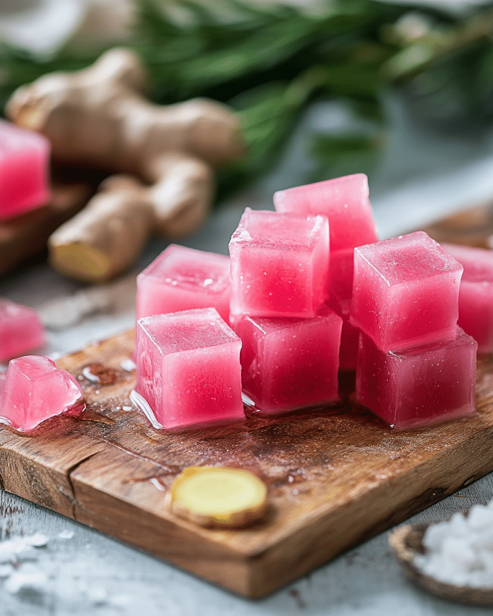 Close-up of Rhubarb Ginger Jello Cube