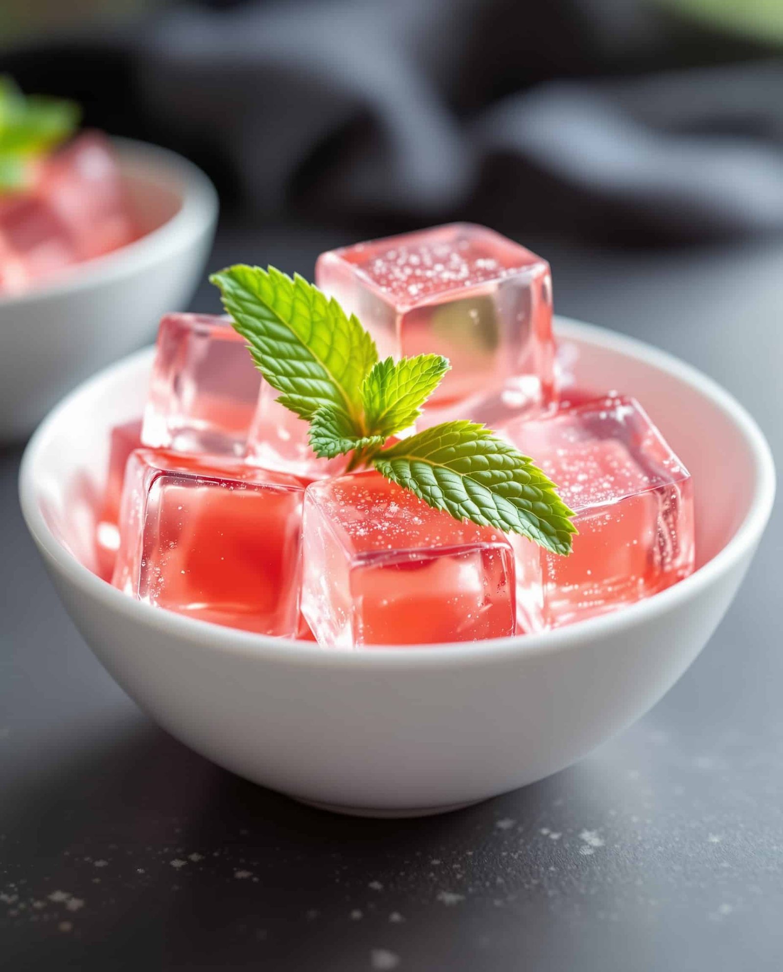 Close-up of rose-transparent sugar free jello cubes, healthy weight loss snack.