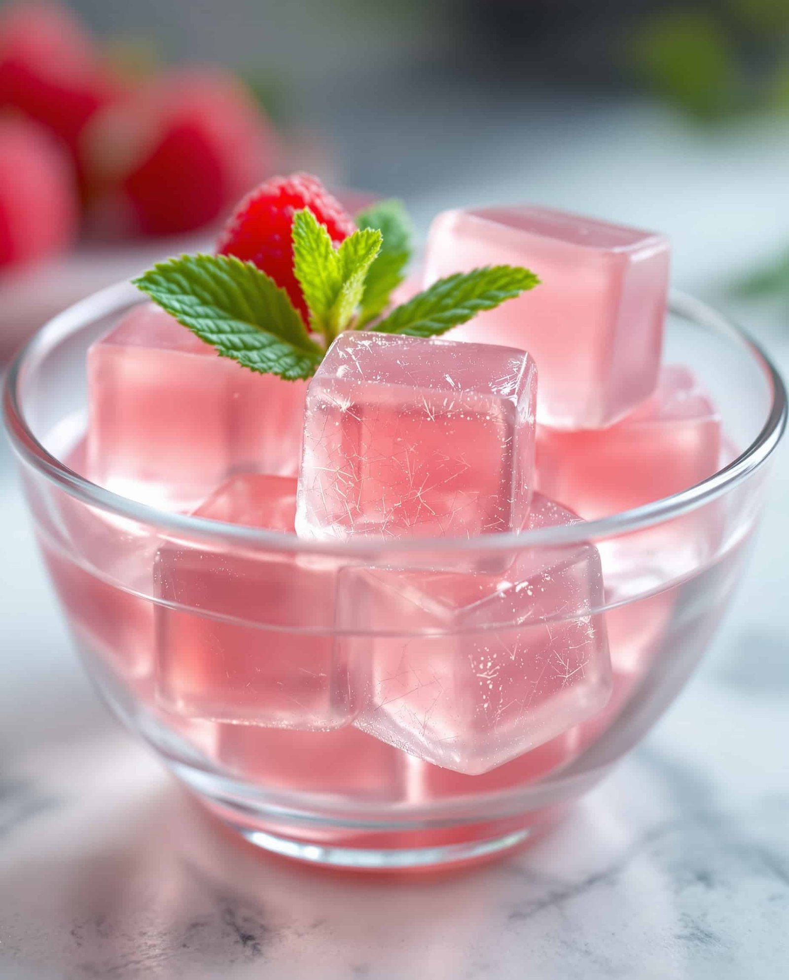 Close-up of rose-transparent sugar free jello weight loss recipe cubes.