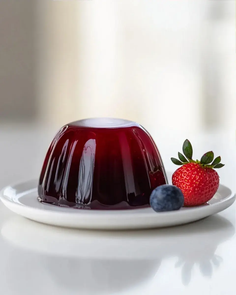 Extreme close-up of smooth, glossy collagen blueberry jello with fresh blueberries and a mint leaf garnish.