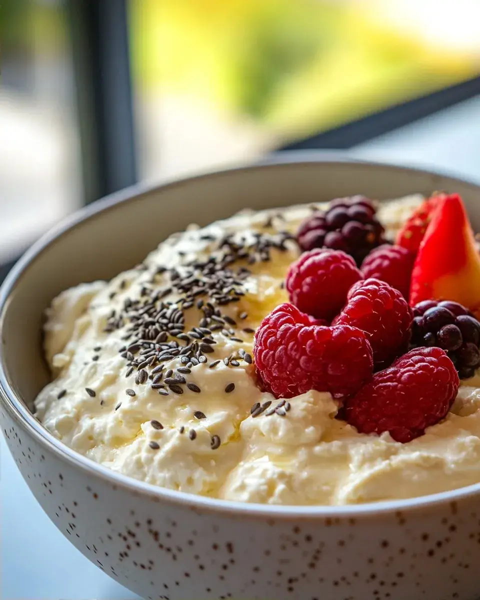 Close-up of cottage cheese texture with berries