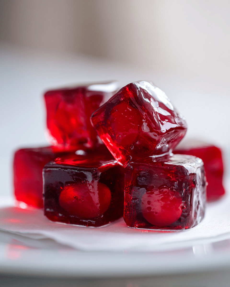 Close-up of cranberry cherry jello slice