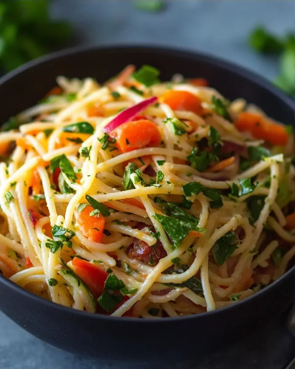 Close-up of vegetarian pasta salad