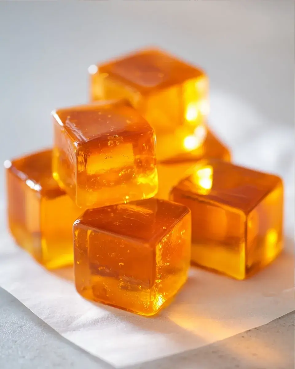 Extreme close-up of the smooth, translucent surface of chamomile gelatin.