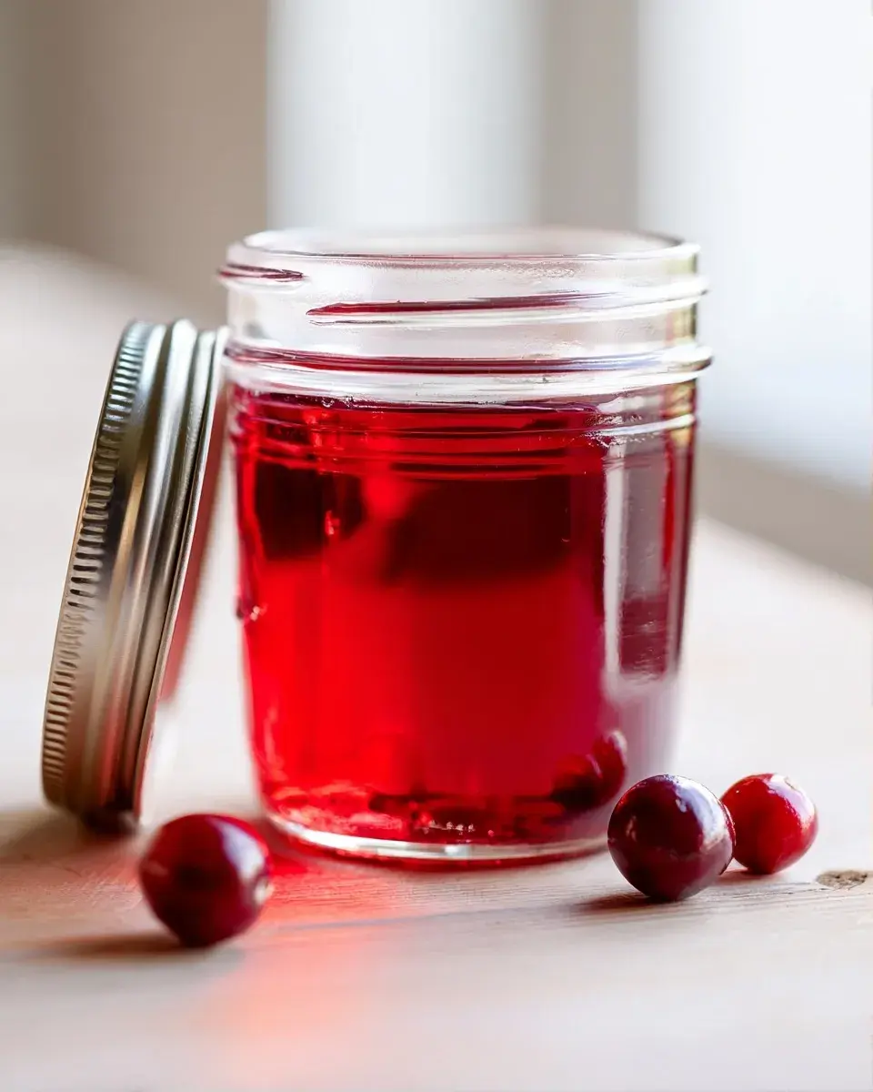 Extreme close-up of clear amber gelatin with a red raspberry.