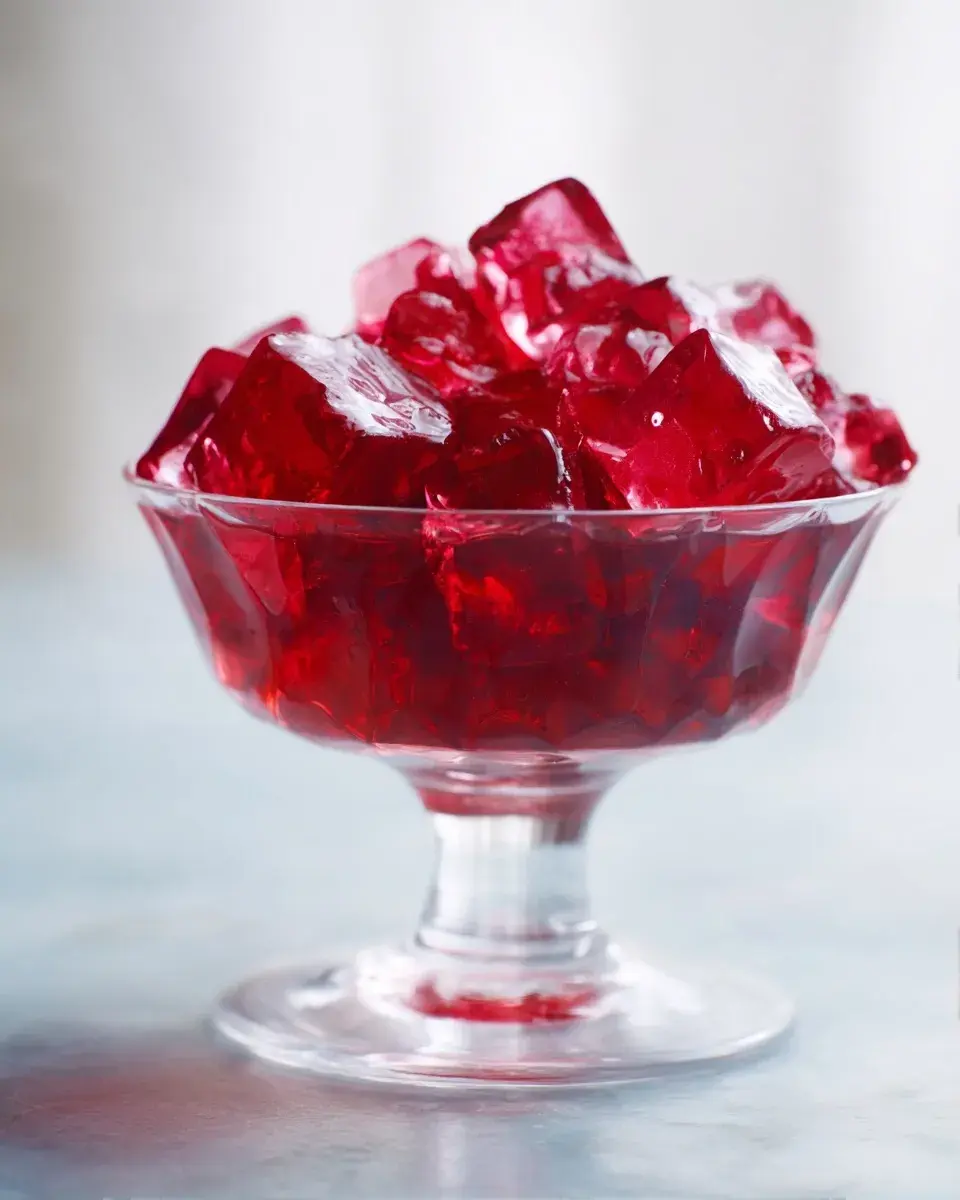 Close up of shiny red pomegranate gelatin with fruit on top